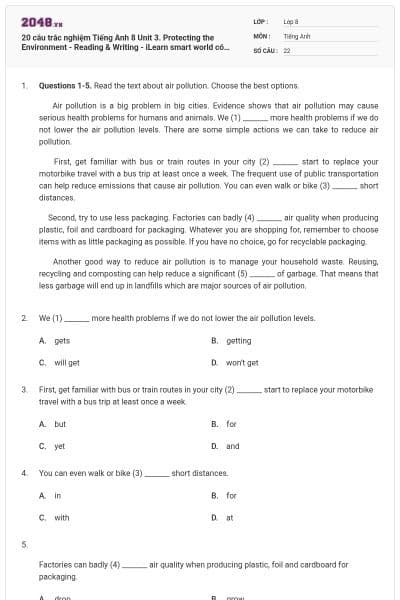 20 câu trắc nghiệm Tiếng Anh 8 Unit 3. Protecting the Environment - Reading & Writing - iLearn smart world có đáp án