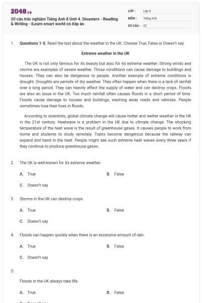 20 câu trắc nghiệm Tiếng Anh 8 Unit 4. Disasters - Reading & Writing - iLearn smart world có đáp án