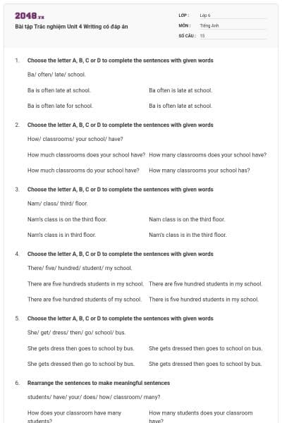 Bài tập Trắc nghiệm Unit 4 Writing có đáp án