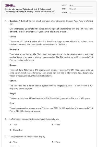 20 câu trắc nghiệm Tiếng Anh 8 Unit 5. Science and Technology - Reading & Writing - iLearn smart world có đáp án