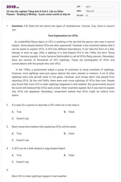 20 câu trắc nghiệm Tiếng Anh 8 Unit 6. Life on Other Planets - Reading & Writing - iLearn smart world có đáp án