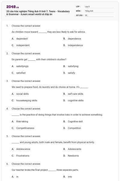 20 câu trắc nghiệm Tiếng Anh 8 Unit 7. Teens - Vocabulary & Grammar - iLearn smart world có đáp án
