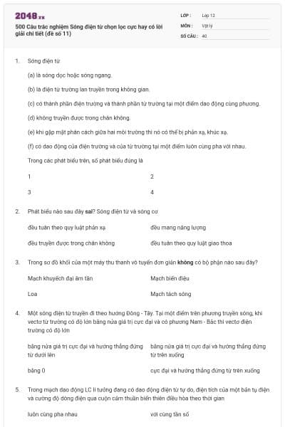 500 Câu trắc nghiệm Sóng điện từ chọn lọc cực hay có lời giải chi tiết (đề số 11)