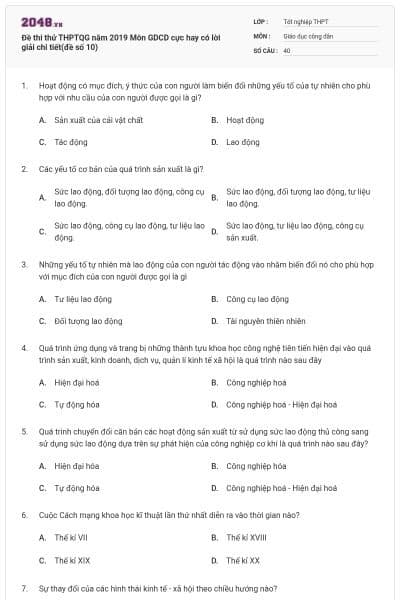 Đề thi thử THPTQG năm 2019 Môn GDCD cực hay có lời giải chi tiết(đề số 10)