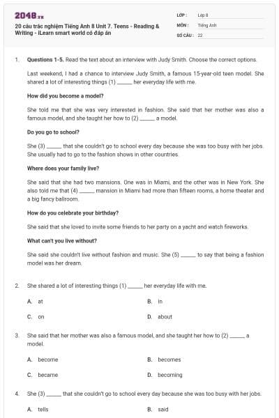 20 câu trắc nghiệm Tiếng Anh 8 Unit 7. Teens - Reading & Writing - iLearn smart world có đáp án