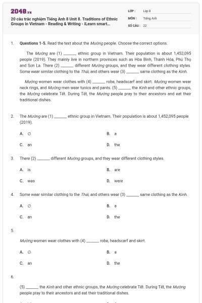 20 câu trắc nghiệm Tiếng Anh 8 Unit 8. Traditions of Ethnic Groups in Vietnam - Reading & Writing - iLearn smart world có đáp án