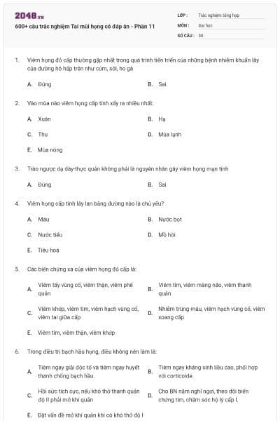 600+ câu trắc nghiệm Tai mũi họng có đáp án - Phần 11