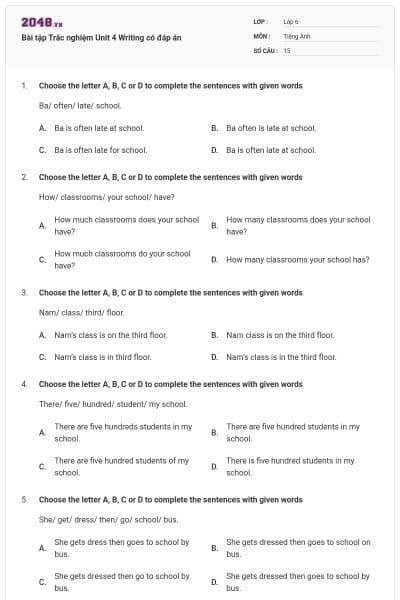 Bài tập Trắc nghiệm Unit 4 Writing có đáp án