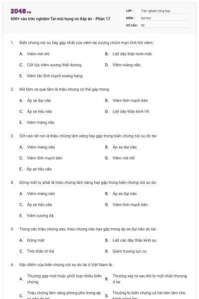 600+ câu trắc nghiệm Tai mũi họng có đáp án - Phần 17