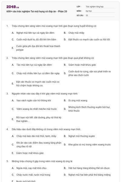 600+ câu trắc nghiệm Tai mũi họng có đáp án - Phần 20