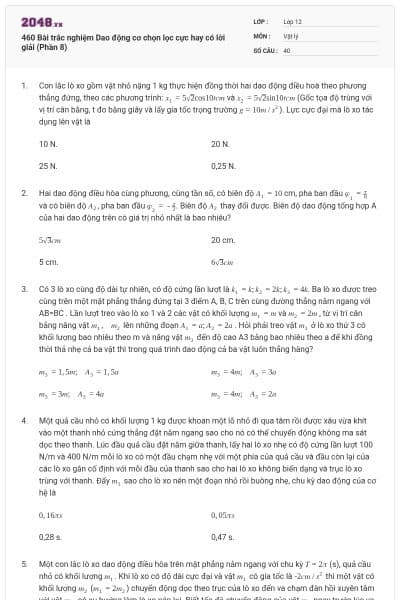 460 Bài trắc nghiệm Dao động cơ chọn lọc cực hay có lời giải (Phần 8)