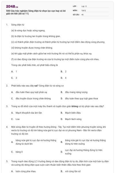 500 Câu trắc nghiệm Sóng điện từ chọn lọc cực hay có lời giải chi tiết (đề số 11)