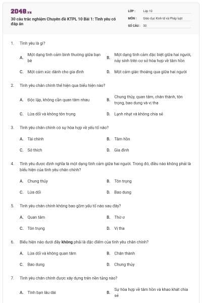 30 câu trắc nghiệm Chuyên đề KTPL 10 Bài 1: Tình yêu có đáp án