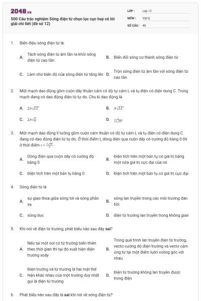 500 Câu trắc nghiệm Sóng điện từ chọn lọc cực hay có lời giải chi tiết (đề số 12)