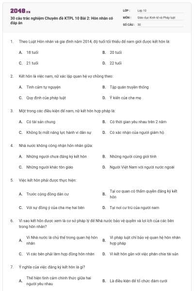30 câu trắc nghiệm Chuyên đề KTPL 10 Bài 2: Hôn nhân có đáp án