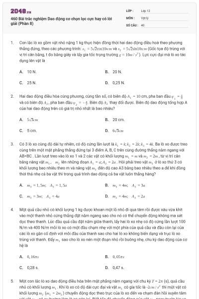 460 Bài trắc nghiệm Dao động cơ chọn lọc cực hay có lời giải (Phần 8)