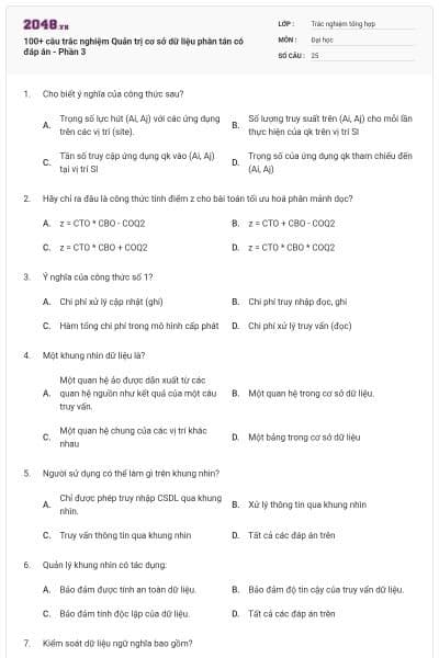 100+ câu trắc nghiệm Quản trị cơ sở dữ liệu phân tán có đáp án - Phần 3