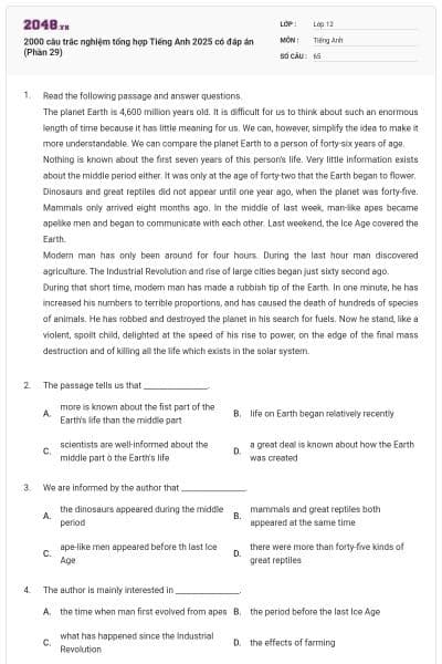 2000 câu trắc nghiệm tổng hợp Tiếng Anh 2025 có đáp án (Phần 29)
