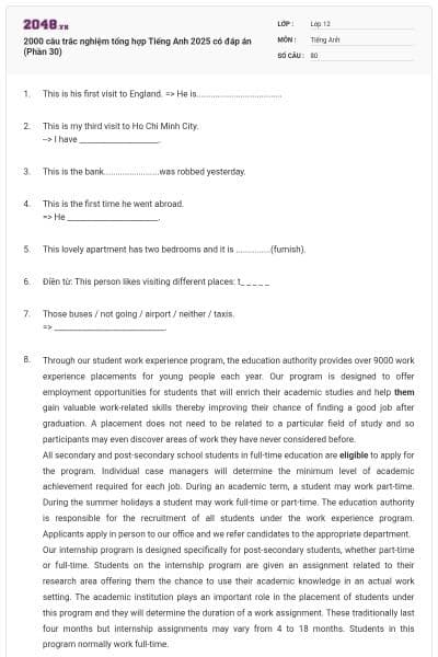 2000 câu trắc nghiệm tổng hợp Tiếng Anh 2025 có đáp án (Phần 30)