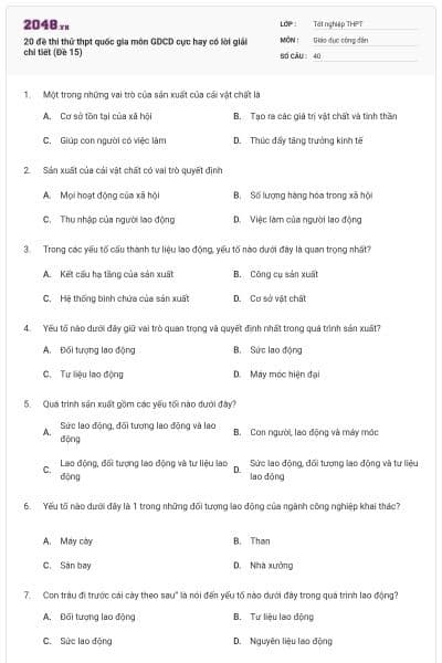 20 đề thi thử thpt quốc gia môn GDCD cực hay có lời giải chi tiết (Đề 15)