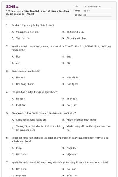 100+ câu trắc nghiệm Tâm lý du khách và hành vi tiêu dùng du lịch có đáp án - Phần 2