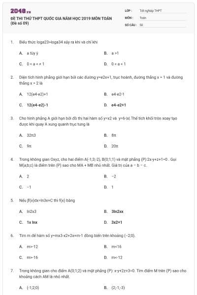 ĐỀ THI THỬ THPT QUỐC GIA NĂM HỌC 2019 MÔN TOÁN (Đề số 09)