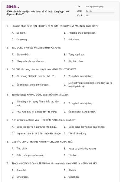 600+ câu trắc nghiệm Hóa dược và Kĩ thuật tổng hợp 1 có đáp án - Phần 7