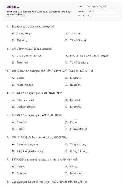 600+ câu trắc nghiệm Hóa dược và Kĩ thuật tổng hợp 1 có đáp án - Phần 9