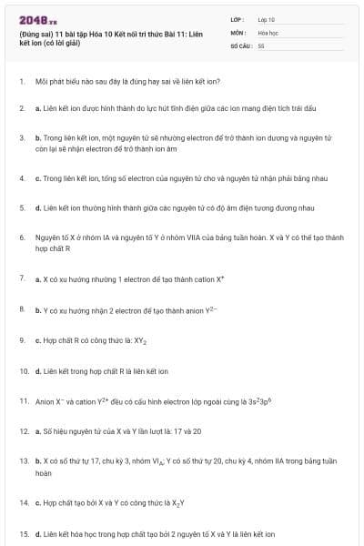 (Đúng sai) 11 bài tập Hóa 10 Kết nối tri thức Bài 11: Liên kết ion (có lời giải)
