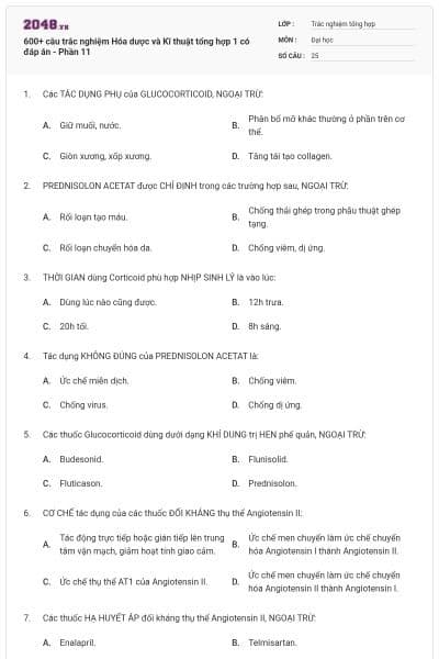 600+ câu trắc nghiệm Hóa dược và Kĩ thuật tổng hợp 1 có đáp án - Phần 11