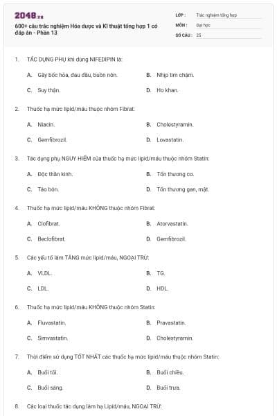 600+ câu trắc nghiệm Hóa dược và Kĩ thuật tổng hợp 1 có đáp án - Phần 13