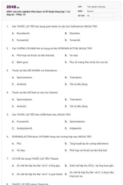 600+ câu trắc nghiệm Hóa dược và Kĩ thuật tổng hợp 1 có đáp án - Phần 14