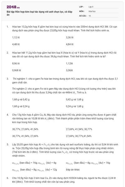 Bài tập Hỗn hợp kim loại tác dụng với axit chọn lọc, có đáp án
