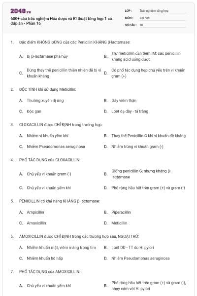 600+ câu trắc nghiệm Hóa dược và Kĩ thuật tổng hợp 1 có đáp án - Phần 16