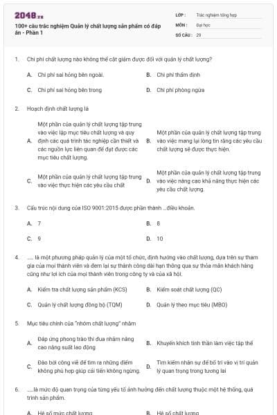 100+ câu trắc nghiệm Quản lý chất lượng sản phẩm có đáp án - Phần 1