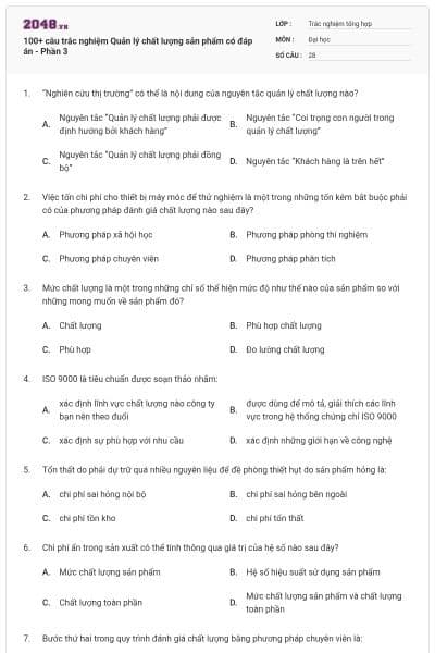 100+ câu trắc nghiệm Quản lý chất lượng sản phẩm có đáp án - Phần 3