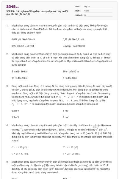 500 Câu trắc nghiệm Sóng điện từ chọn lọc cực hay có lời giải chi tiết (đề số 13)