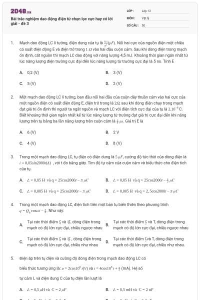 Bài trắc nghiệm dao động điện từ chọn lọc cực hay có lời giải - đề 3