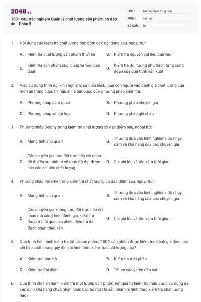 100+ câu trắc nghiệm Quản lý chất lượng sản phẩm có đáp án - Phần 5