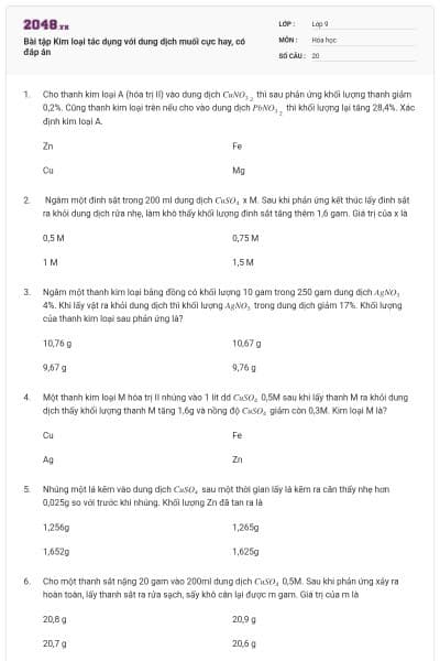 Bài tập Kim loại tác dụng với dung dịch muối cực hay, có đáp án