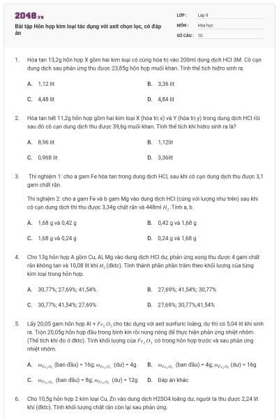 Bài tập Hỗn hợp kim loại tác dụng với axit chọn lọc, có đáp án