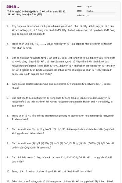 (Trả lời ngắn) 14 bài tập Hóa 10 Kết nối tri thức Bài 12: Liên kết cộng hóa trị (có lời giải)
