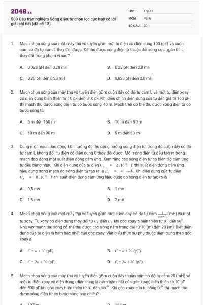 500 Câu trắc nghiệm Sóng điện từ chọn lọc cực hay có lời giải chi tiết (đề số 13)