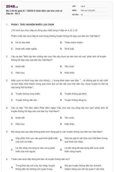Bộ 2 đề thi giữa kì 1 GDCD 8 Cánh diều cấu trúc mới có đáp án - Đề 2