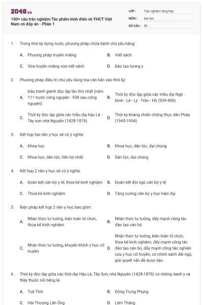 100+ câu trắc nghiệm Tác phẩm kinh điển về YHCT Việt Nam có đáp án - Phần 1