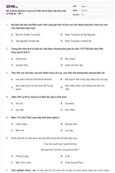 Bộ 2 đề thi giữa kì 2 Lịch sử 6 Kết nối tri thức cấu trúc mới có đáp án - Đề 1