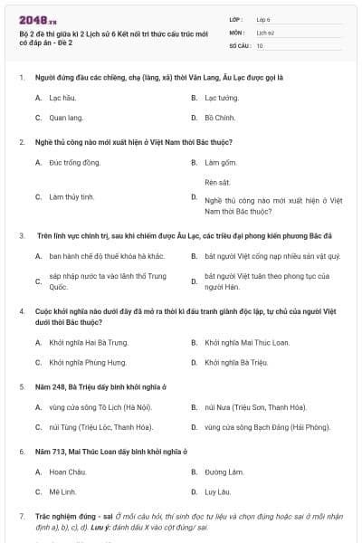 Bộ 2 đề thi giữa kì 2 Lịch sử 6 Kết nối tri thức cấu trúc mới có đáp án - Đề 2