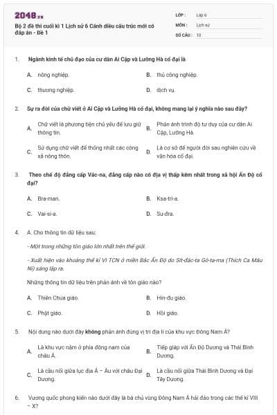 Bộ 2 đề thi cuối kì 1 Lịch sử 6 Cánh diều cấu trúc mới có đáp án - Đề 1