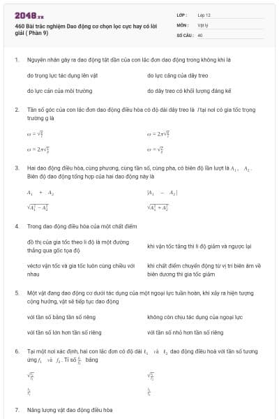 460 Bài trắc nghiệm Dao động cơ chọn lọc cực hay có lời giải ( Phần 9)