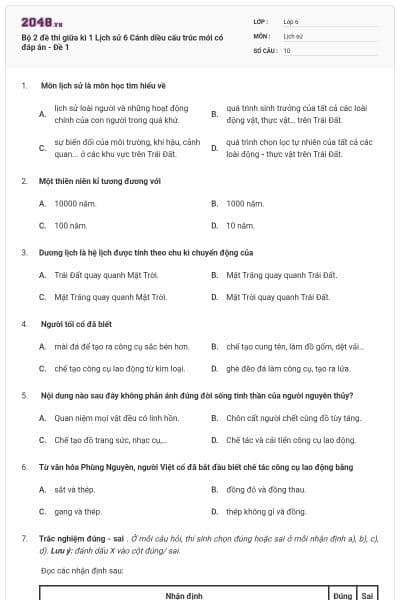 Bộ 2 đề thi giữa kì 1 Lịch sử 6 Cánh diều cấu trúc mới có đáp án - Đề 1